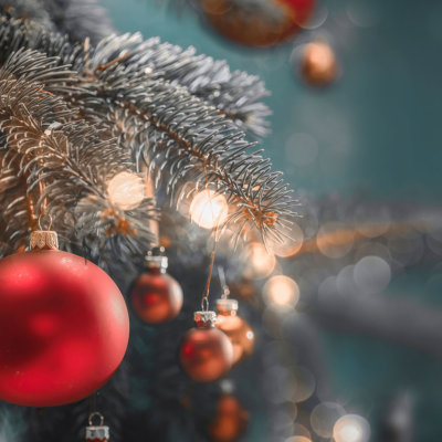 Christmas decorations In Bright Blue Red And White Shiny Colors